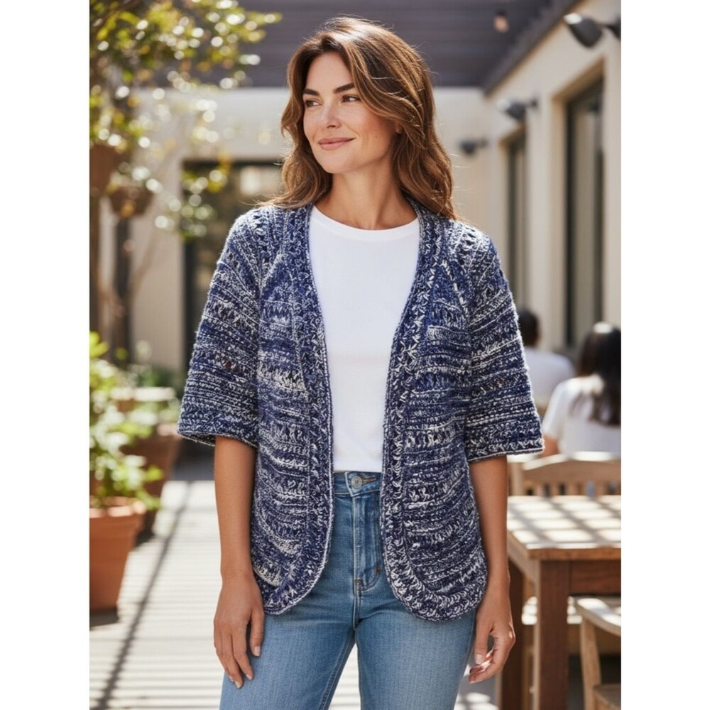Chico’s Blue White Marled Susie Space Dye Cardigan Sweater Short Sleeve 2 12 L